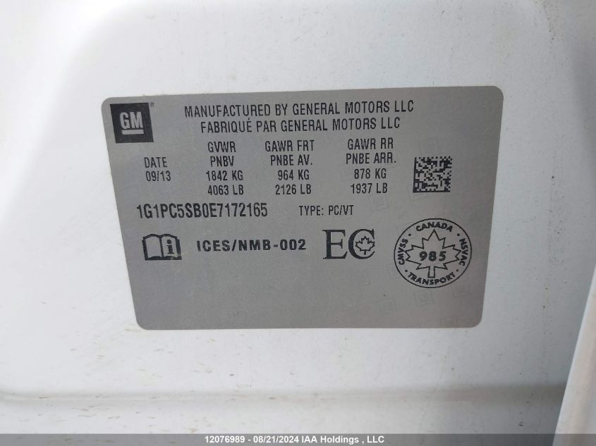 2014 Chevrolet Cruze Lt VIN: 1G1PC5SB0E7172165 Lot: 12076989