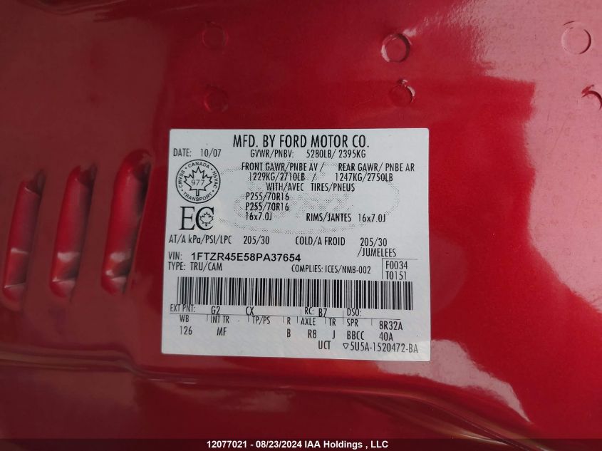 2008 Ford Ranger Super Cab VIN: 1FTZR45E58PA37654 Lot: 12077021