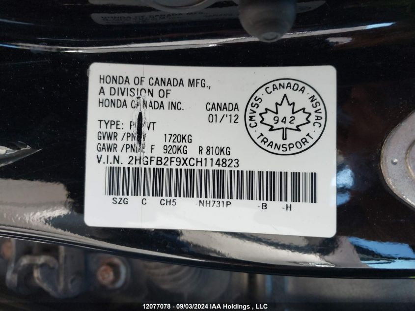 2HGFB2F9XCH114823 2012 Honda Civic