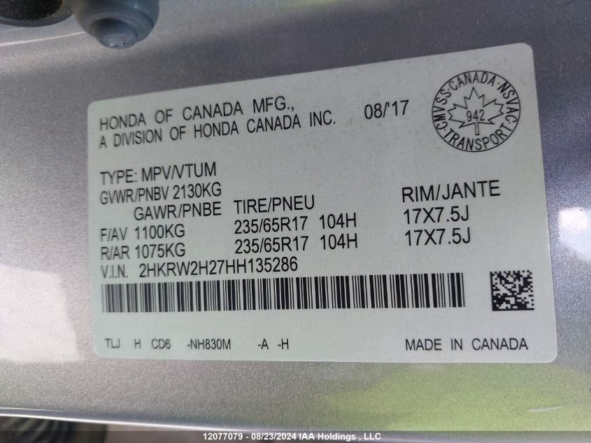 2017 Honda Cr-V Lx VIN: 2HKRW2H27HH135286 Lot: 12077079