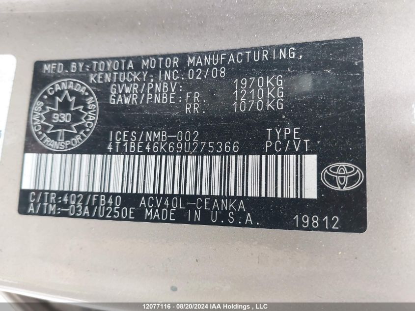 2009 Toyota Camry Se/Le/Xle VIN: 4T1BE46K69U275366 Lot: 12077116