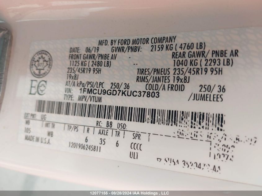 2019 Ford Escape Se VIN: 1FMCU9GD7KUC37803 Lot: 12077155
