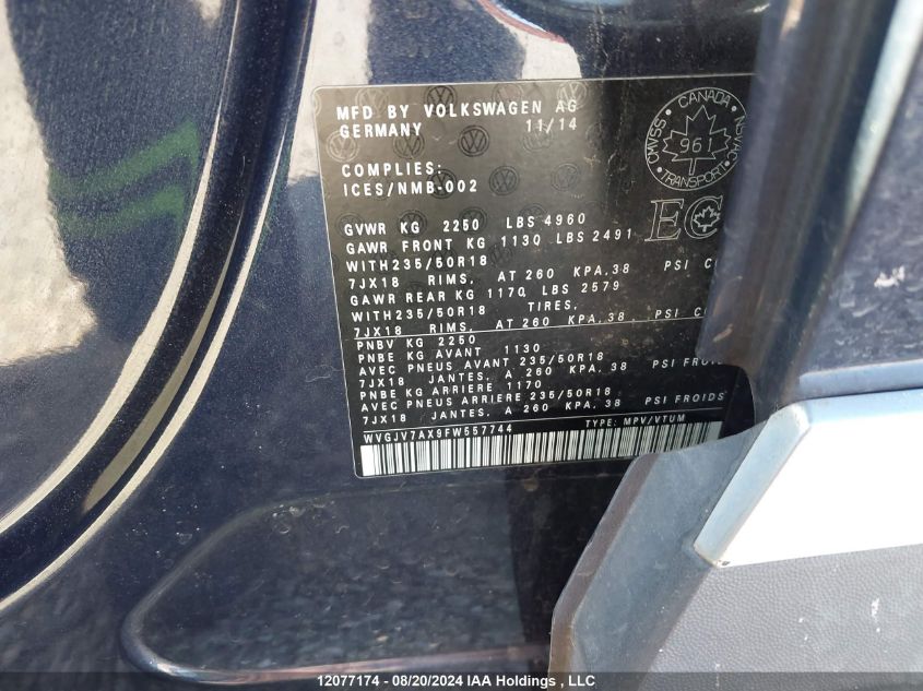 2015 Volkswagen Tiguan VIN: WVGJV7AX9FW557744 Lot: 12077174