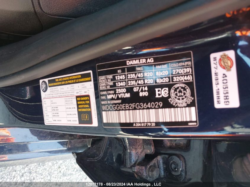2015 Mercedes-Benz Glk-Class VIN: WDCGG0EB2FG364029 Lot: 12077178