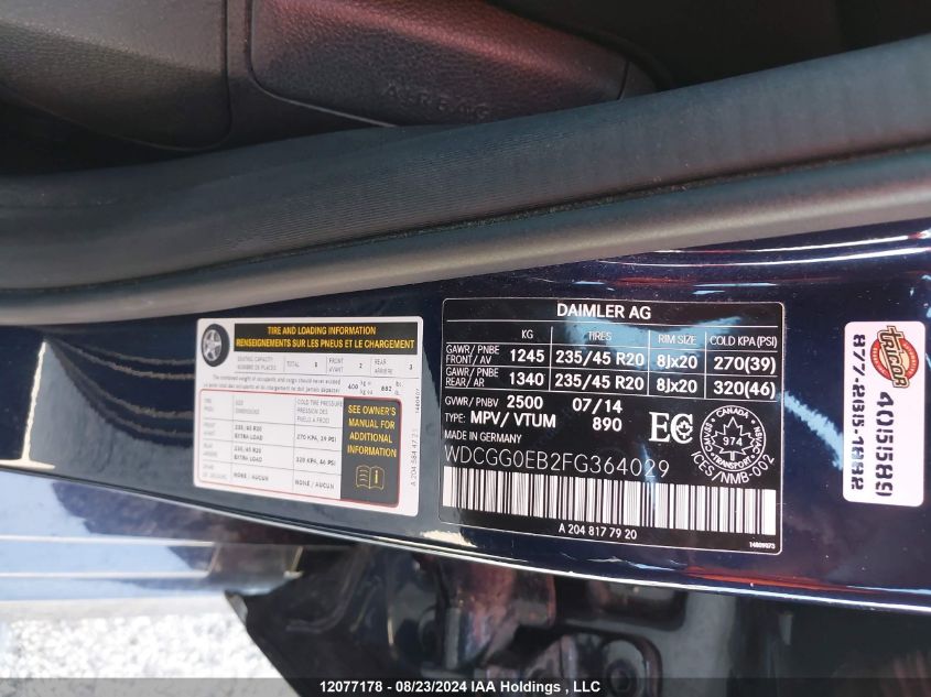 2015 Mercedes-Benz Glk-Class VIN: WDCGG0EB2FG364029 Lot: 12077178