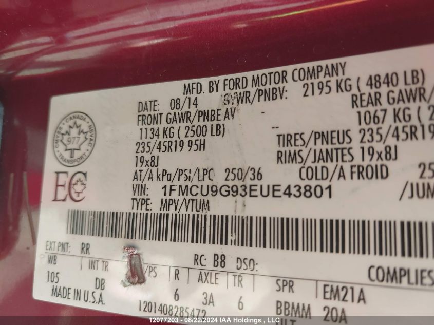 2014 Ford Escape VIN: 1FMCU9G93EUE43801 Lot: 12077203