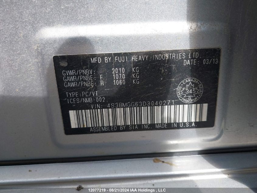 2013 Subaru Legacy VIN: 4S3BMGG63D3040271 Lot: 12077219