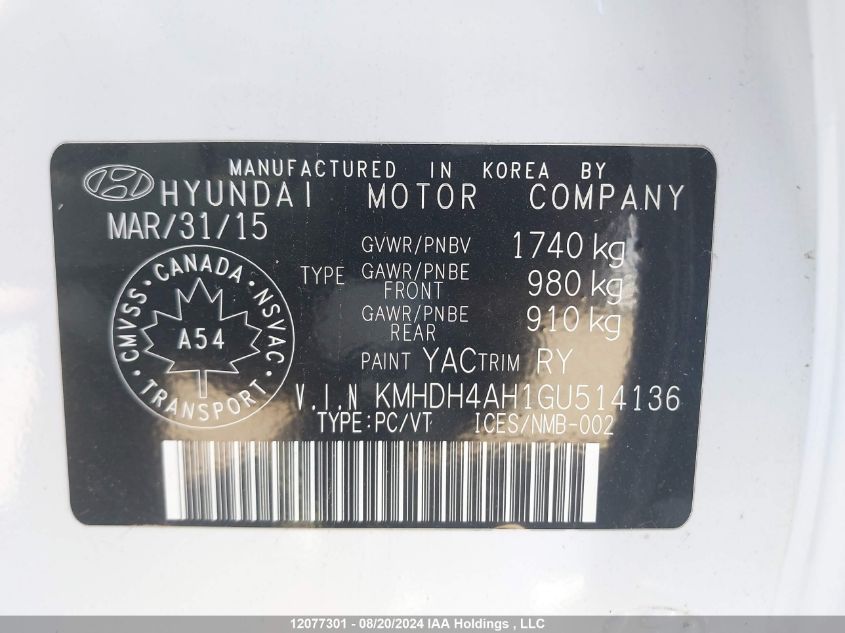 2016 Hyundai Elantra Se/Sport/Limited VIN: KMHDH4AH1GU514136 Lot: 12077301