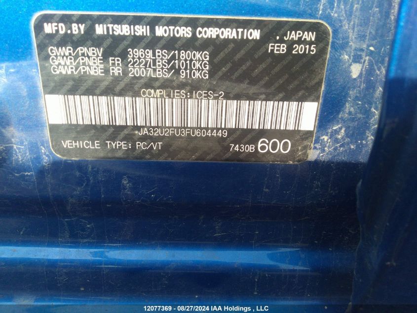 2015 Mitsubishi Lancer VIN: JA32U2FU3FU604449 Lot: 12077369