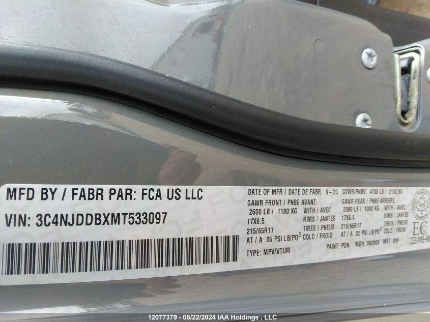 2021 Jeep Compass Trailhawk VIN: 3C4NJDDBXMT533097 Lot: 12077379