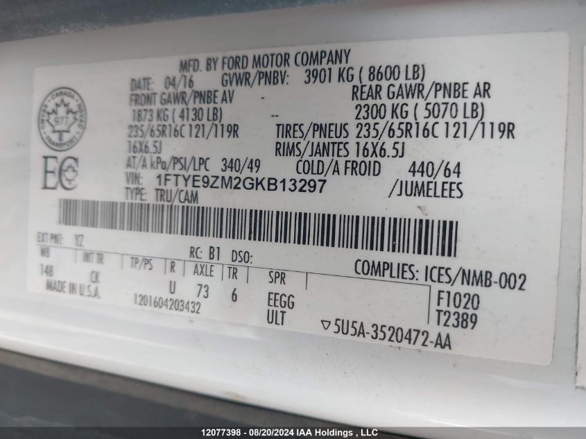 2016 Ford Transit T-150 VIN: 1FTYE9ZM2GKB13297 Lot: 12077398