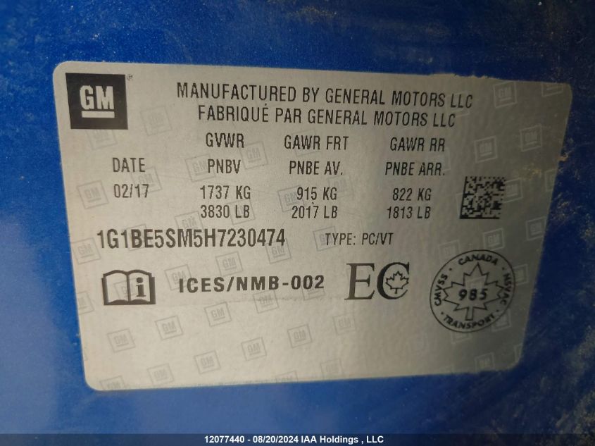 2017 Chevrolet Cruze Lt VIN: 1G1BE5SM5H7230474 Lot: 12077440
