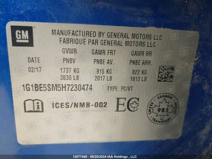 2017 Chevrolet Cruze Lt VIN: 1G1BE5SM5H7230474 Lot: 12077440