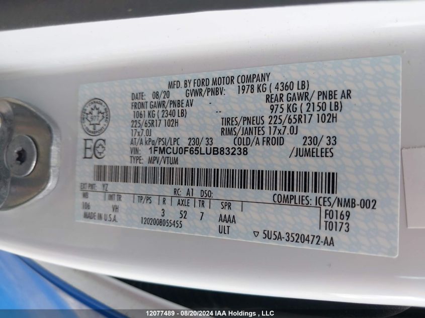 2020 Ford Escape S VIN: 1FMCU0F65LUB83238 Lot: 12077489