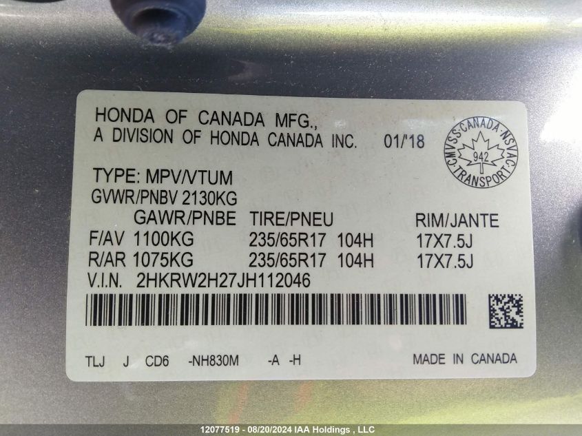 2018 Honda Cr-V VIN: 2HKRW2H27JH112046 Lot: 12077519