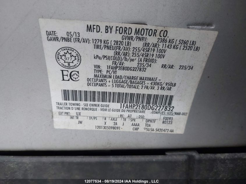 2013 Ford Taurus Sel VIN: 1FAHP2E80DG227832 Lot: 12077534