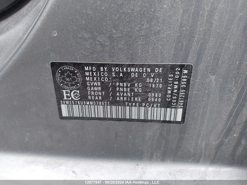 2021 Volkswagen Jetta Sel VIN: 3VWE57BU9MM078521 Lot: 12077547