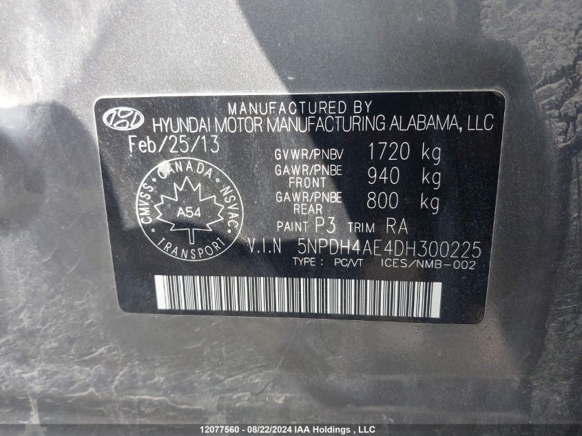 2013 Hyundai Elantra L VIN: 5NPDH4AE4DH300225 Lot: 12077560