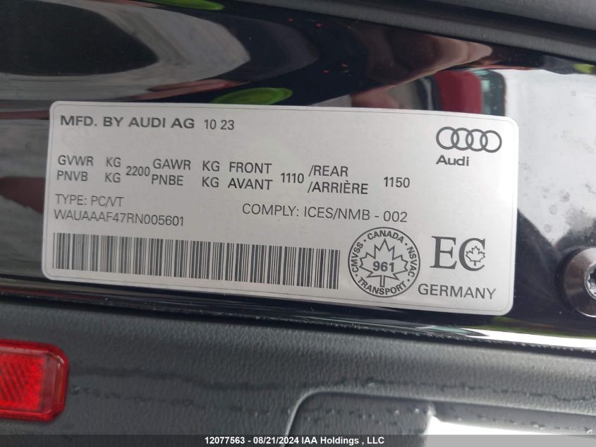 2024 Audi A4 Komfort 45 VIN: WAUAAAF47RN005601 Lot: 12077563