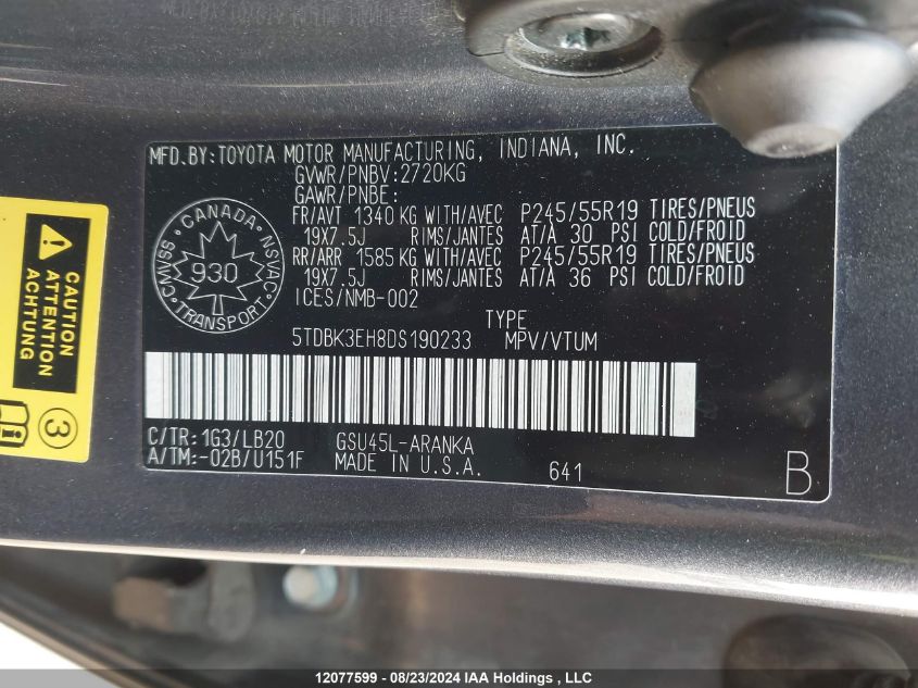 2013 Toyota Highlander Plus/Se VIN: 5TDBK3EH8DS190233 Lot: 12077599