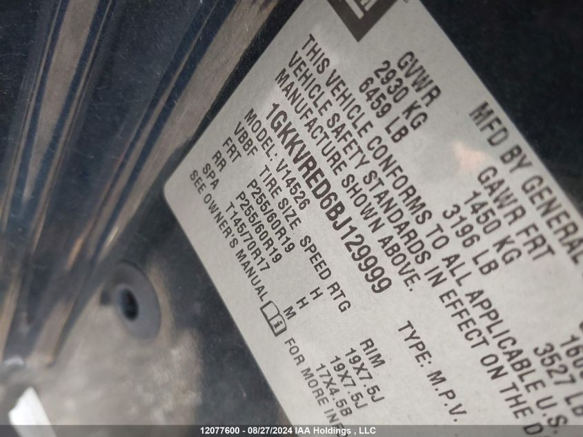 2011 GMC Acadia Slt-1 VIN: 1GKKVRED6BJ129999 Lot: 12077600