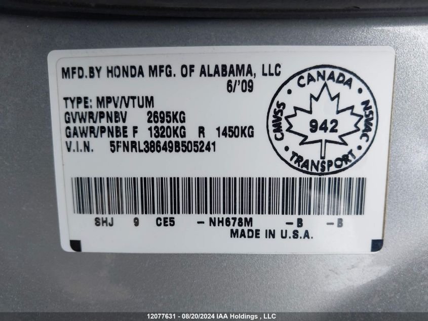 2009 Honda Odyssey Exl VIN: 5FNRL38649B505241 Lot: 12077631