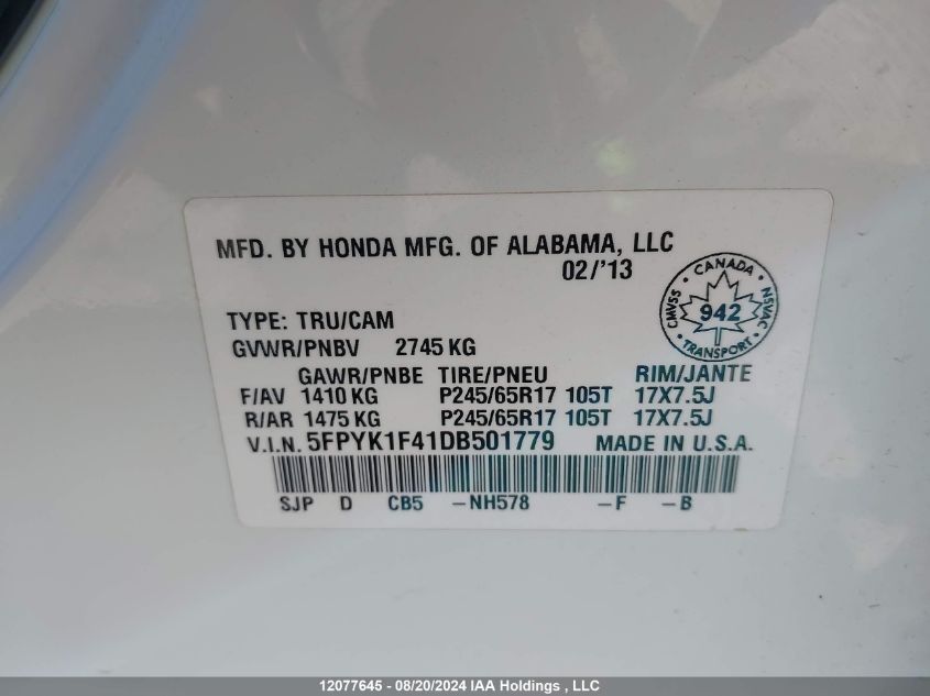 2013 Honda Ridgeline VIN: 5FPYK1F41DB501779 Lot: 12077645