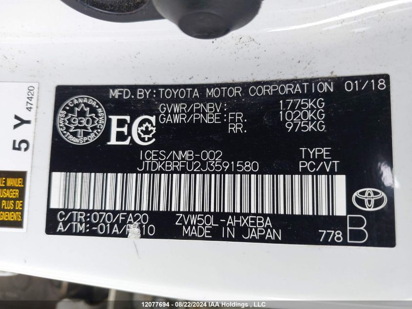 2018 Toyota Prius VIN: JTDKBRFU2J3591580 Lot: 12077694