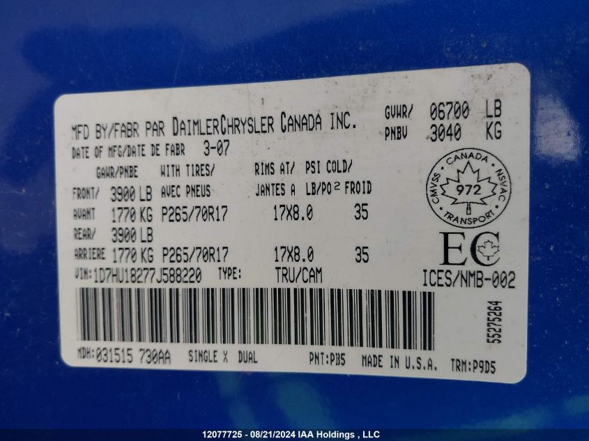 2007 Dodge Ram 1500 St/Slt VIN: 1D7HU18277J588220 Lot: 12077725