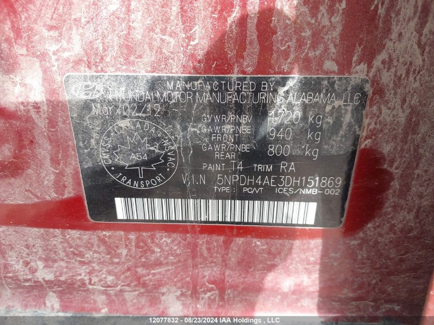 2013 Hyundai Elantra Gl VIN: 5NPDH4AE3DH151869 Lot: 12077832
