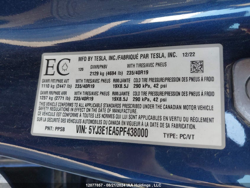 2023 Tesla Model 3 VIN: 5YJ3E1EA5PF438000 Lot: 12077857