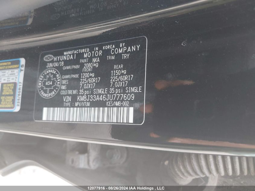 2018 Hyundai Tucson Se 2.0L VIN: KM8J33A46JU777609 Lot: 12077916