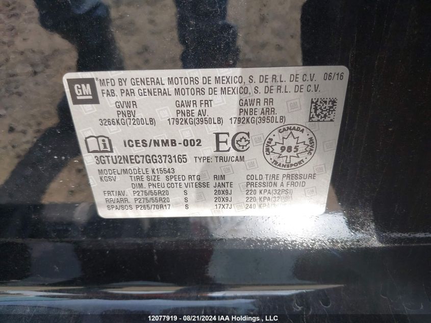 2016 GMC Sierra 1500 VIN: 3GTU2NEC7GG373165 Lot: 12077919