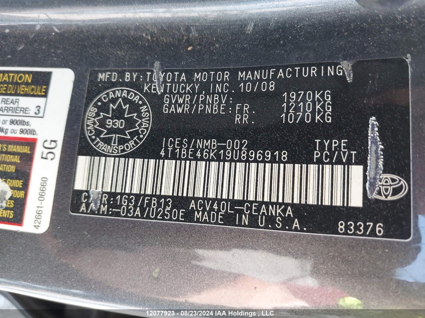 2009 Toyota Camry Se/Le/Xle VIN: 4T1BE46K19U896918 Lot: 12077923