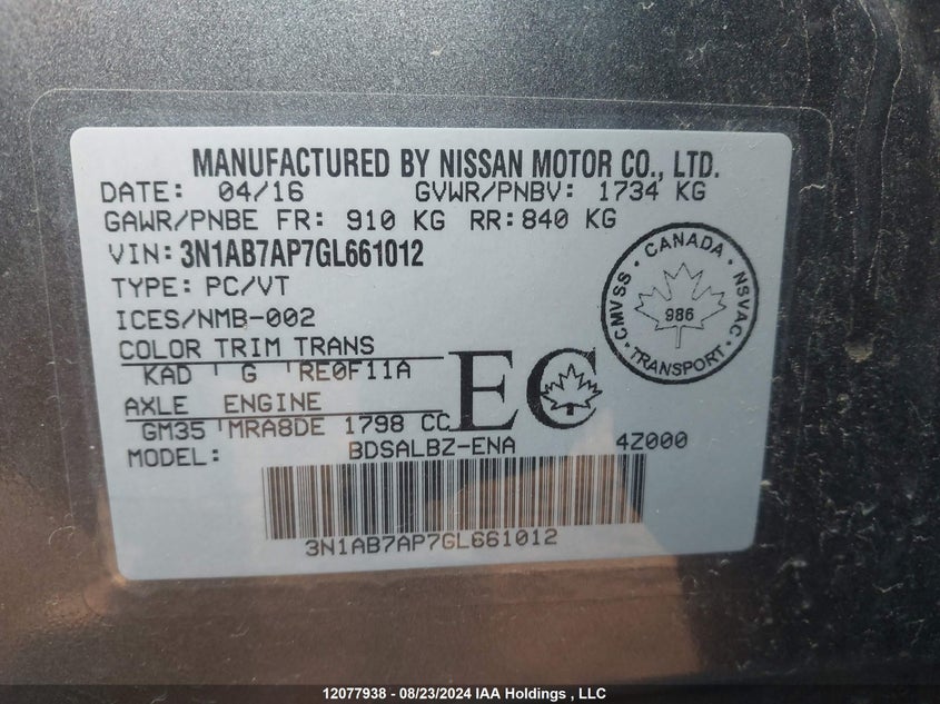 2016 Nissan Sentra S/Sv/Sr/Sl VIN: 3N1AB7AP7GL661012 Lot: 12077938