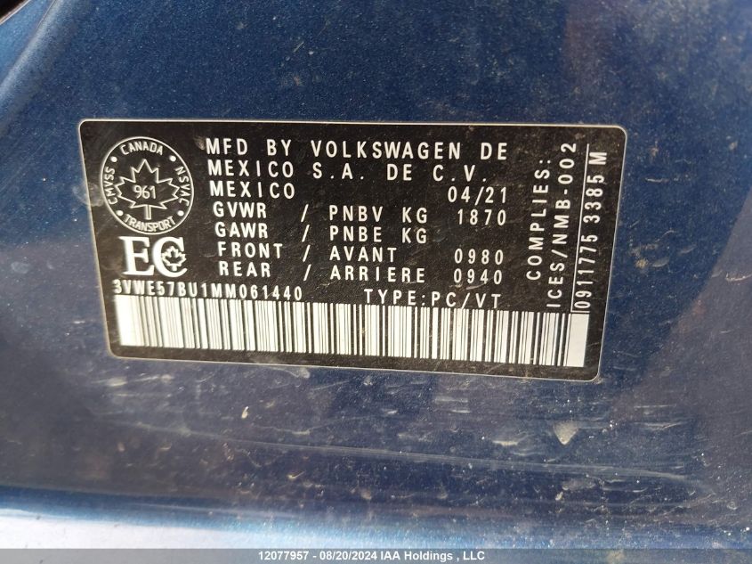 2021 Volkswagen Jetta Sel VIN: 3VWE57BU1MM061440 Lot: 12077957