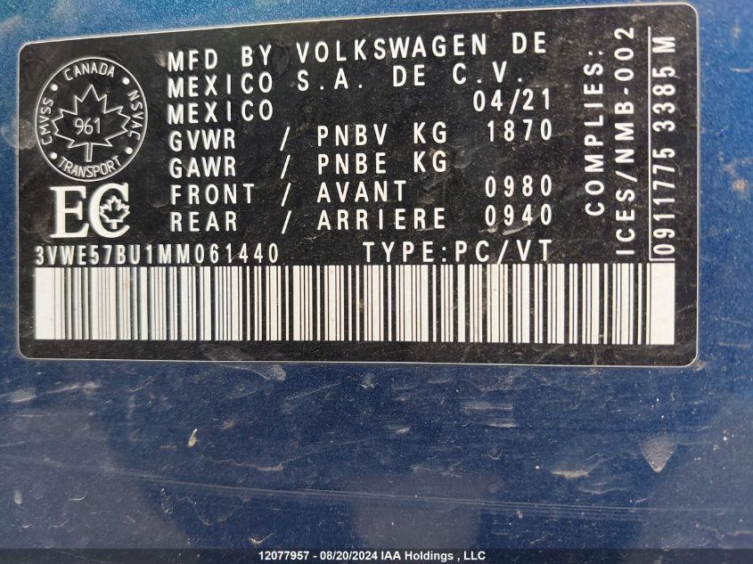 2021 Volkswagen Jetta Sel VIN: 3VWE57BU1MM061440 Lot: 12077957