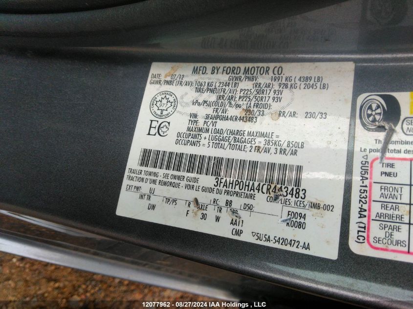 2012 Ford Fusion Se VIN: 3FAHP0HA4CR443483 Lot: 12077962