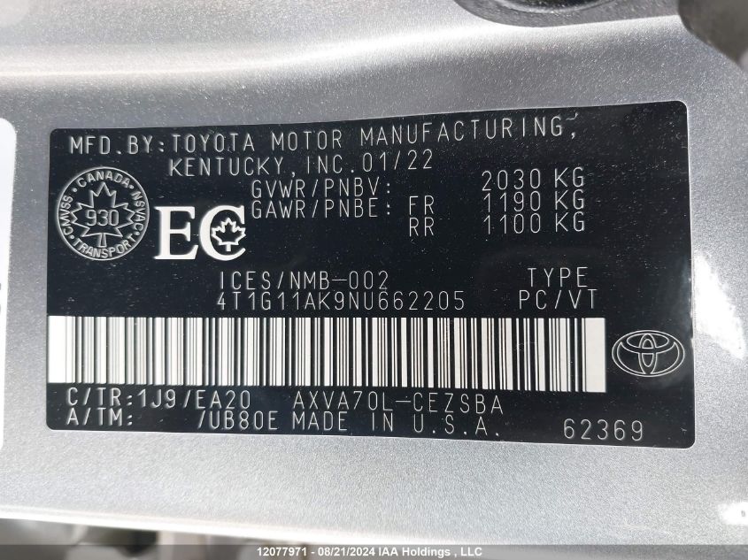 2022 Toyota Camry Se/Se Night Shade VIN: 4T1G11AK9NU662205 Lot: 12077971