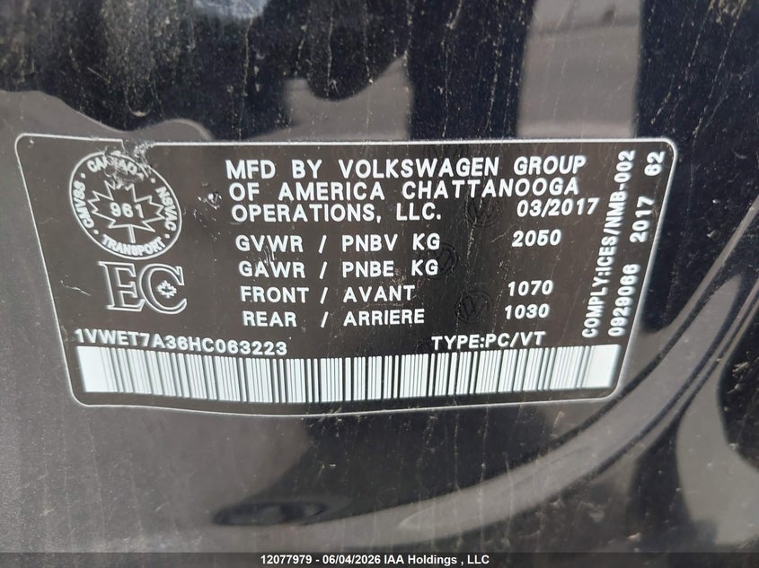 2017 Volkswagen Passat VIN: 1VWET7A36HC063223 Lot: 12077979