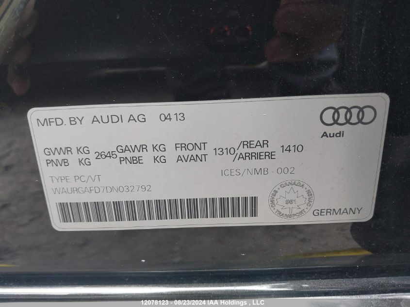 2013 Audi A8 VIN: WAURGAFD7DN032792 Lot: 12078123