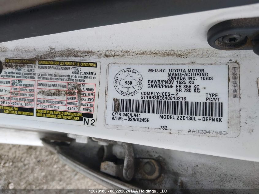 2004 Toyota Corolla Ce/Le/S VIN: 2T1BR38E64C810213 Lot: 12078185