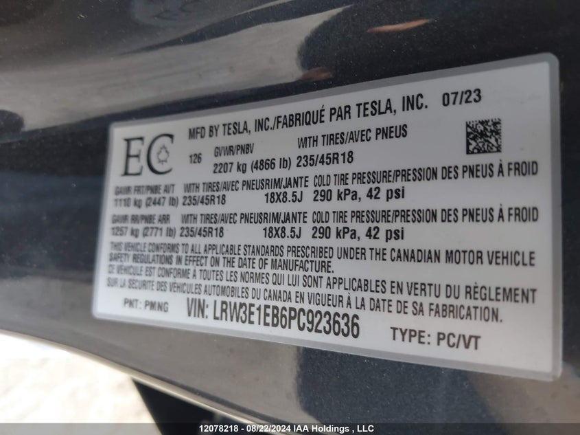 2023 Tesla Model 3 VIN: LRW3E1EB6PC923636 Lot: 12078218