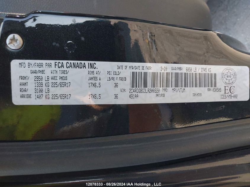 2020 Dodge Grand Caravan Se VIN: 2C4RDGBG3LR200220 Lot: 12078333