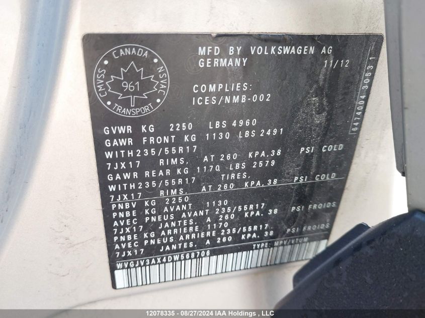 2013 Volkswagen Tiguan VIN: WVGJV3AX4DW568706 Lot: 12078335