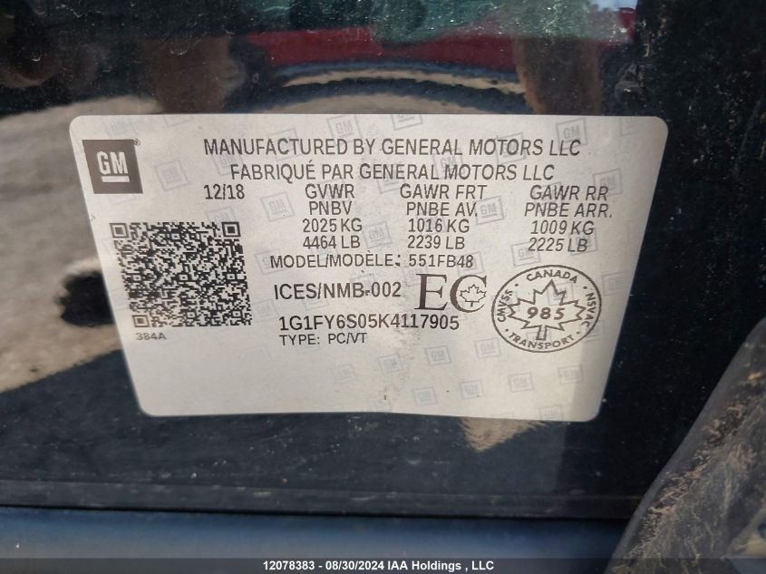 1G1FY6S05K4117905 2019 Chevrolet Bolt Ev Lt