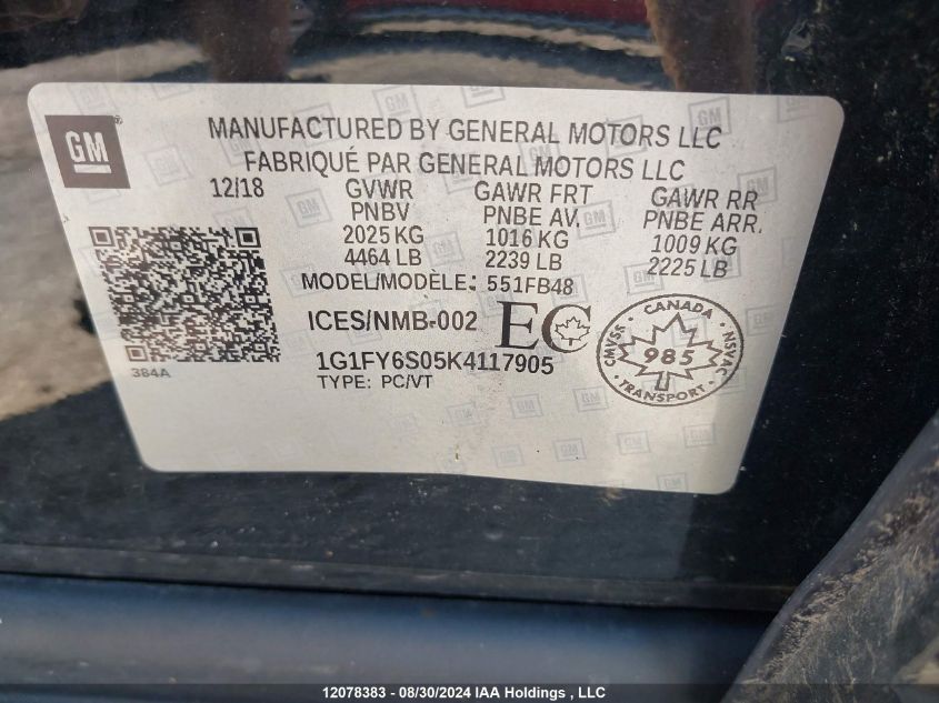 1G1FY6S05K4117905 2019 Chevrolet Bolt Ev Lt