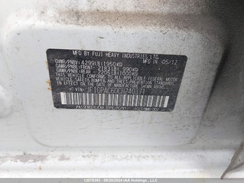 2012 Subaru Impreza VIN: JF1GPAC60CH240371 Lot: 12078393