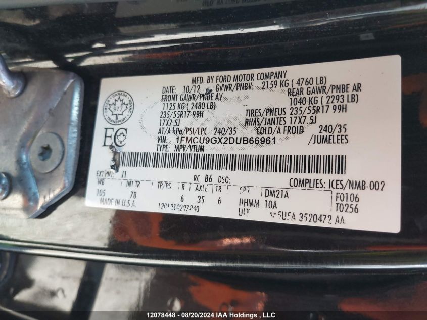 2013 Ford Escape Se VIN: 1FMCU9GX2DUB66961 Lot: 12078448