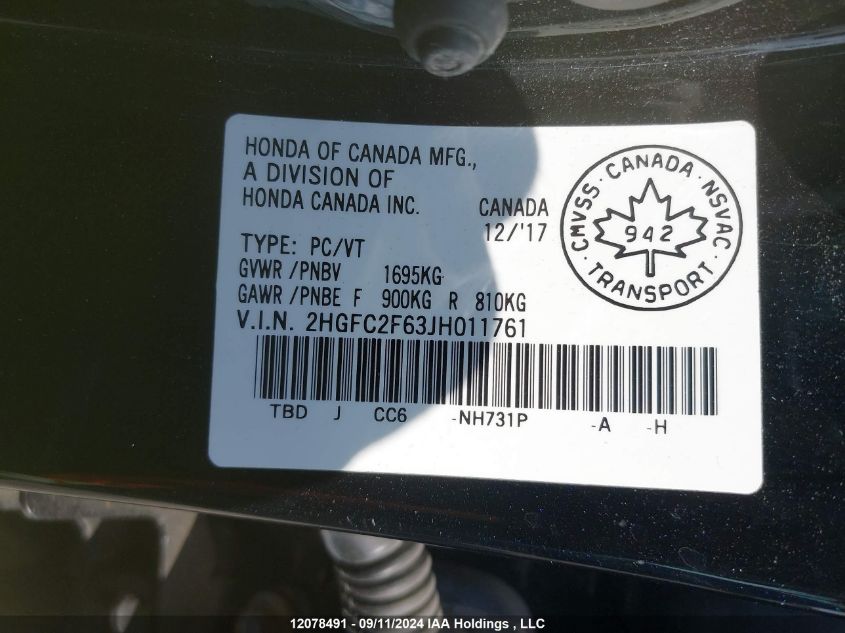 2018 Honda Civic Sedan VIN: 2HGFC2F63JH011761 Lot: 12078491